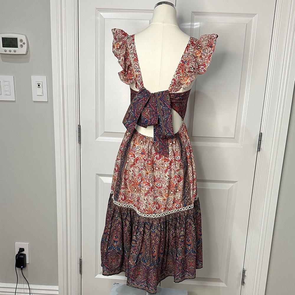 Haute Hippie Brown Cotton Boho Ruffles Peasant Vintage Tie Back Dress Size 10 - Picture 12 of 14